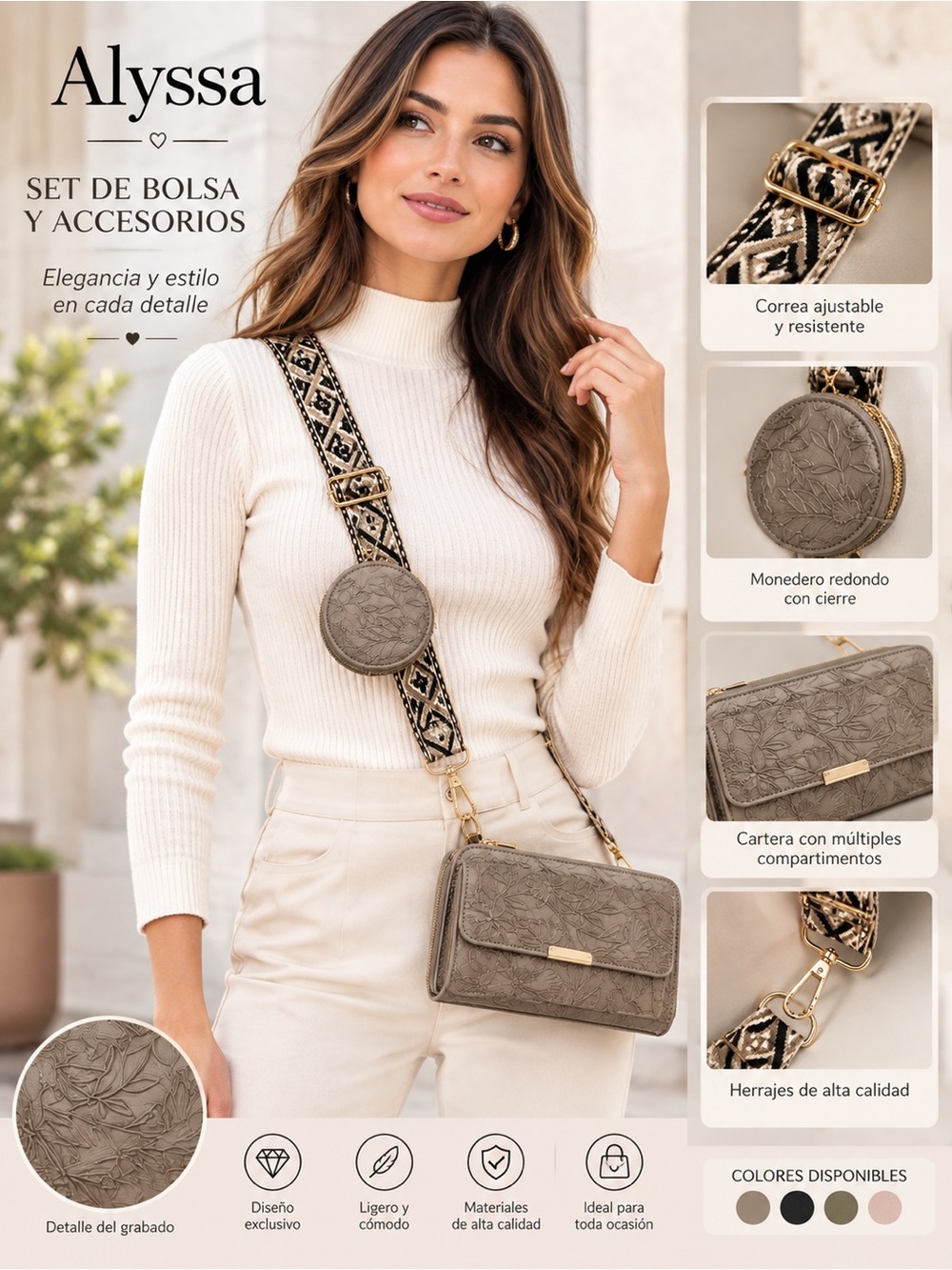 Alyssa Taupe Embossed Crossbody Bag with Patterned Strap and Coin Pouch